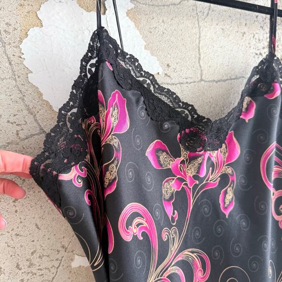 Vtg Delicates Satin Slip Dress + Robe Set Black Pink Baroque Lace Trim 2 Piece M - Picture 3 of 14